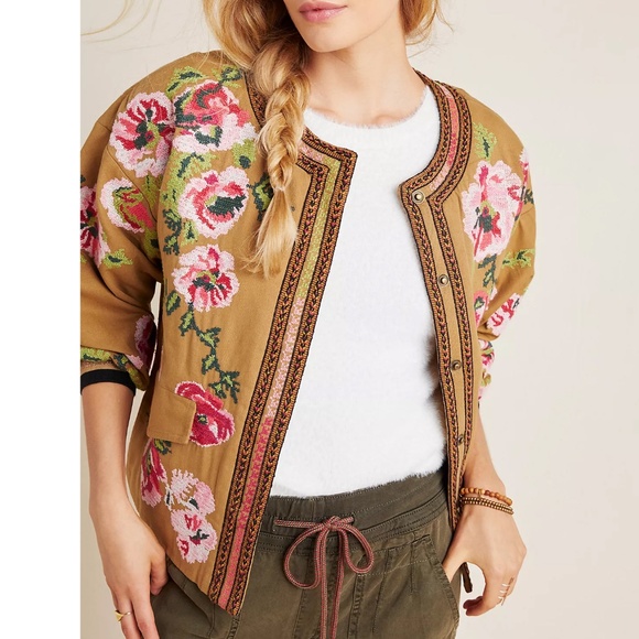 Anthropologie Floral Embroidered Needlepoint Jacket Size XL - Picture 5 of 14